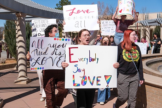 More than 50 people gathered Tuesday, March 21, 2023, at West Texas A&M University in Canyon, Texas, to protest the university president's decision to cancel a drag show on campus.
Mandatory Credit:	Michael Cuviello/Amarillo Globe-News/AP via CNN Newsource