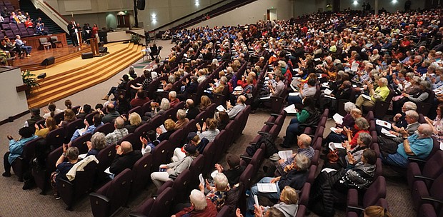 Hundreds of RISC members fill the pews of St. Paul’s Baptist Church during the annual Nehemiah Action Assembly on Tuesday evening.