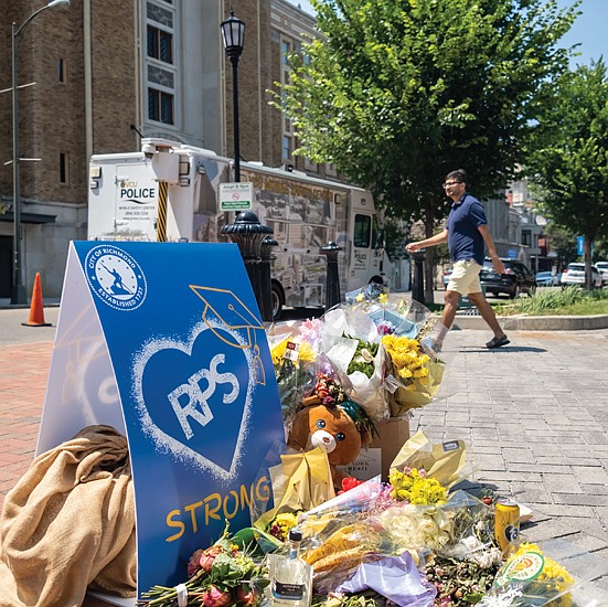 Memorials for Huguenot High School student Shawn Jackson, his stepfather, Renzo Smith, and others injured at Huguenot’s graduation ceremony for the Class of 2023 at Altria Theater following the June 6 shooting.