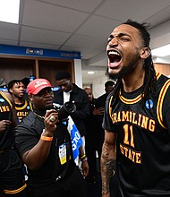 Jourdan Smith celebrates Grambling State's win over the Montana State Bobcats.
Mandatory Credit:	Ben Solomon/NCAA Photos/Getty Images via CNN Newsource