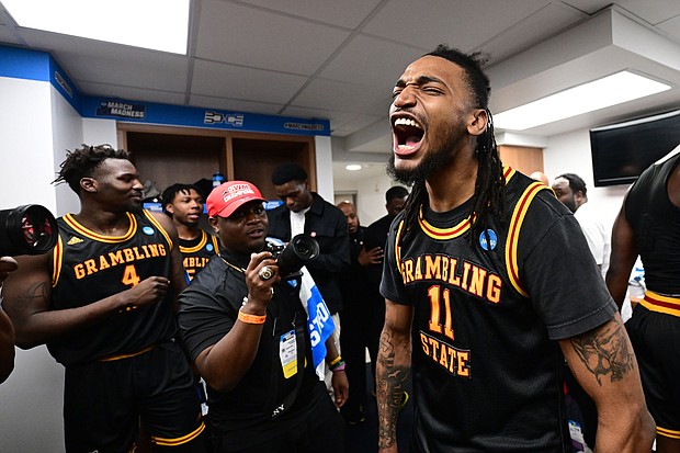 Jourdan Smith celebrates Grambling State's win over the Montana State Bobcats.
Mandatory Credit:	Ben Solomon/NCAA Photos/Getty Images via CNN Newsource