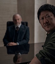 Liam Cunningham and Benedict Wong in the Netflix series "3 Body Problem."
Mandatory Credit:	Ed Miller/Netflix via CNN Newsource