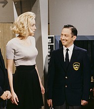 Kevin Nealon, Dana Carvey, Sharon Stone, Rob Schneider and Phil Hartman during "Airport Security Check" skit on April 11, 1992.
Mandatory Credit:	Alan Singer/NBC/Getty Images via CNN Newsource