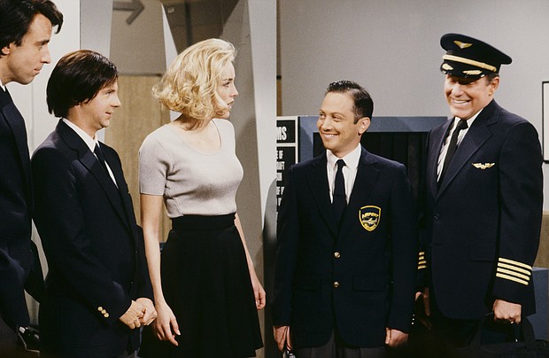 Kevin Nealon, Dana Carvey, Sharon Stone, Rob Schneider and Phil Hartman during "Airport Security Check" skit on April 11, 1992.
Mandatory Credit:	Alan Singer/NBC/Getty Images via CNN Newsource