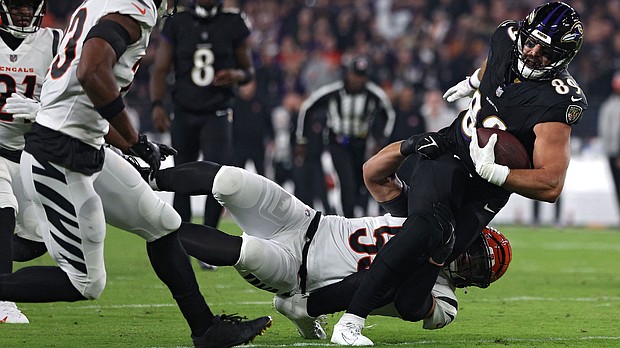 Baltimore Ravens star Mark Andrews was injured after a hip-drop tackle last season.
Mandatory Credit:	Patrick Smith/Getty Images via CNN Newsource
