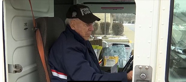 90-year-old mail carrier, Warren Wedding, was recognized for nearly 65 years at USPS.
Mandatory Credit:	WNEM via CNN Newsource