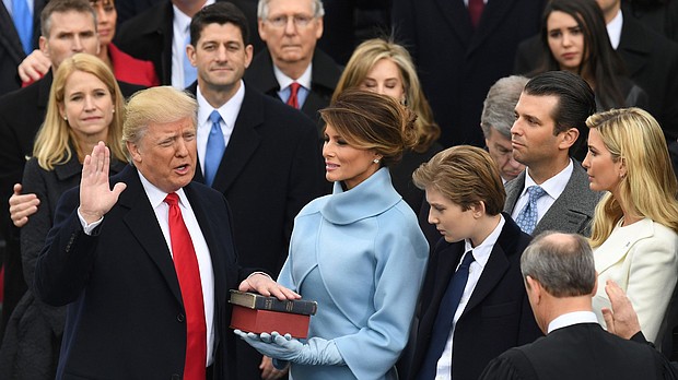 Trump takes the oath of office during his presidential inauguration in January 2017.
Mandatory Credit:	Mark Ralston/AFP/Getty Images via CNN Newsource