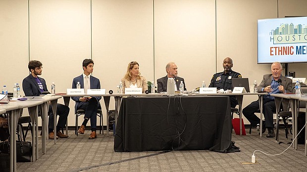 Jasir Rahman, Junior, Rice University, Houston coordinator for Brady United, Saami Baig, March for our Lives, high school student, Emilee Whitehurst, Executive Director, Houston Area Women's Center, Raul Collins, Senior Police Officer, Houston Police Department Office of Community Affairs and Terry Bryan, Co-Director, Crisis Management, College of Biblical Studies (Presented by not photographed – Dr. Bindi Naik-Mathuria, Chief of Pediatric Surgery, UTMB)