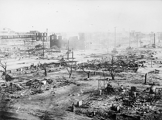 The Greenwood neighborhood is seen in ruins after a mob passed during the race massacre in Tulsa, Oklahoma, U.S., June 1, 1921.
Mandatory Credit:	American National Red Cross/Library of Congress/Reuters via CNN Newsource