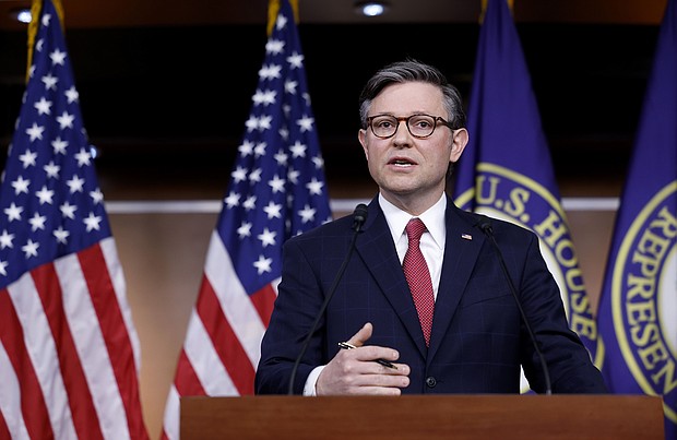 House Speaker Mike Johnson, a Louisiana Republican, speaks during a news conference on February 29, 2024, in Washington, DC.
Mandatory Credit:	Anna Moneymaker/Getty Images via CNN Newsource