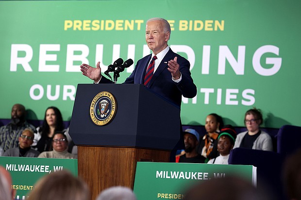 President Joe Biden speaks to guests at the Pieper-Hillside Boys and Girls Club on March 13, in Milwaukee.
Mandatory Credit:	Scott Olson/Getty Images via CNN Newsource