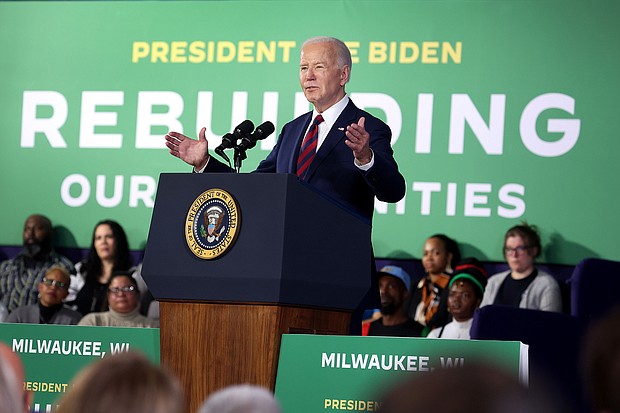 President Joe Biden speaks to guests at the Pieper-Hillside Boys and Girls Club on March 13, in Milwaukee.
Mandatory Credit:	Scott Olson/Getty Images via CNN Newsource