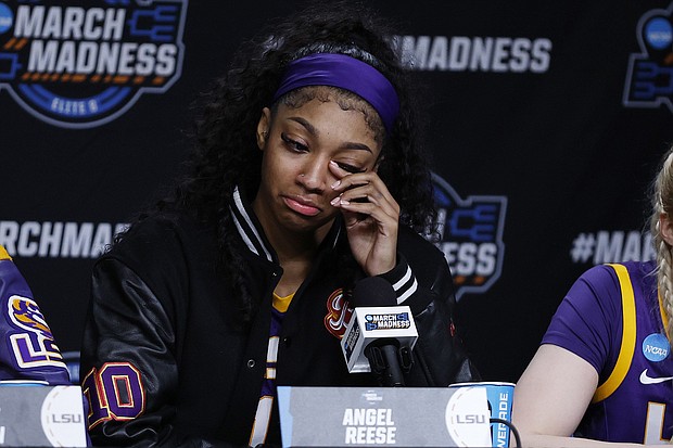 Angel Reese speaks to the media after LSU's defeat against the Iowa Hawkeyes.
Mandatory Credit:	Sarah Stier/Getty Images via CNN Newsource
