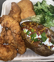 Homemade Tenders, Loaded Baked Potato, Steamed Broccoli & Honey Butter Cornbread