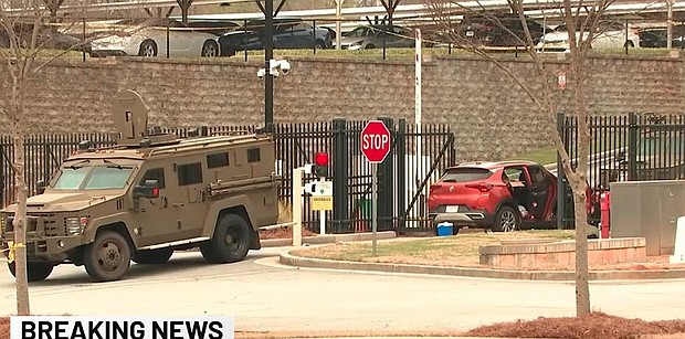 A suspect was arrested after ramming an entrance gate to the FBI’s Atlanta field office on April 1 in an attempt to gain entry to the facility, bureau officials said.
Mandatory Credit:	WANF via CNN Newsource