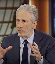 Jon Stewart is pictured in a screengrab taken from a segment of The Daily Show during his interview with Federal Trade Commission Chair Lina Khan on Monday, April 1.
Mandatory Credit:	The Daily Show via YouTube via CNN Newsource