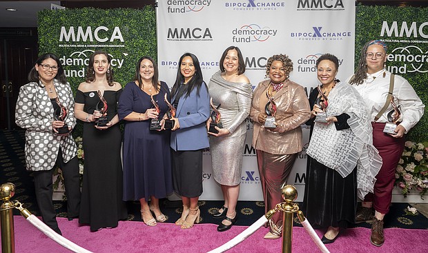 2024 Sheroes in Media Awards Honorees (L to R):

Yvette Cabrera, President, National Association of Hispanic Journalists

Emily Wilkins, President, National Press Club

Katina Arnold, Board Chair, Alliance for Women in Media Foundation

Nicole Dungca, President, Asian American Journalists Association

Katherine Reynolds Lewis, Founder, Institute for Independent Journalists

Tracie Powell, Founder and CEO, The Pivot Fund, Inc.

Janet Dewart Bell, Board Chair, Women’s Media Center

Alicia Bell, Director, Racial Equity in Journalism Fund, Borealis Philanthropy

Mary Kraus, Founder and Executive Chairman of APCO (Lifetime Achievement)*

Janet Yang, President, Academy of Motion Picture Arts and Sciences (Luminary)*