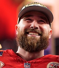 Kansas City Chiefs tight end Travis Kelce celebrates after the Super Bowl in Las Vegas.
Mandatory Credit:	Ashley Landis/AP via CNN Newsource