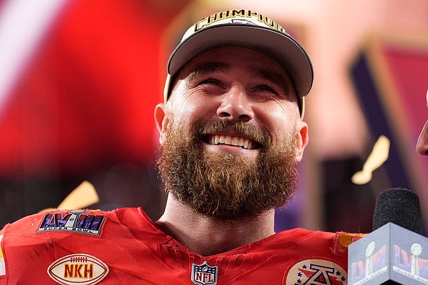 Kansas City Chiefs tight end Travis Kelce celebrates after the Super Bowl in Las Vegas.
Mandatory Credit:	Ashley Landis/AP via CNN Newsource