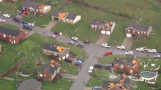 Widespread storm damage is seen in Jeffersonville, Indiana.
Mandatory Credit:	WLKY via CNN Newsource