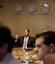 Vice President of ESPN Norby Williamson holds a staff meeting in the executive conference room of ESPN Headquarters on November 15, 2018. Williamson announced he is leaving the network.
Mandatory Credit:	Yana Paskova for The Washington Post/Getty Images/File via CNN Newsource