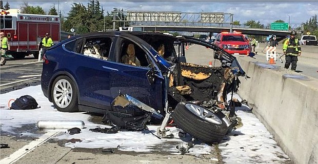 Walter Huang died when his Tesla Model X crashed into a concrete barrier.
Mandatory Credit:	KTVU-TV/AP via CNN Newsource