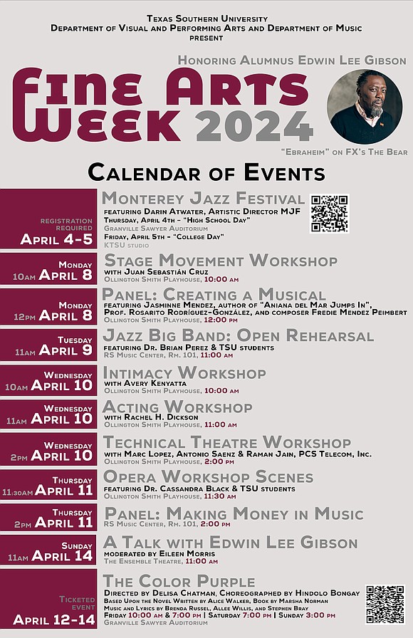 Texas Southern University's Fine Arts Week honors Emmy winner Edwin Lee Gibson and features diverse arts performances and workshops.