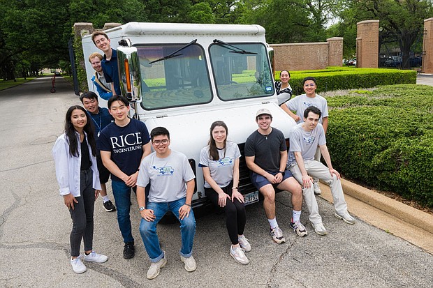 Four teams of Rice engineering students converted a 1997 Chevy P30 delivery van into a fully electric vehicle in less than a year, using a combination of parts scavenged from out-of-use vehicles, custom-built elements and off-the-shelf items. (Photo by Jeff Fitlow/Rice University)