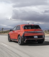 A production Hyundai IONIQ 5 N is being tested for the Pikes Peak International Hill Climb by driver Robin Shute in California City, Calif., on April 5, 2024.