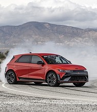 A production Hyundai IONIQ 5 N is being tested for the Pikes Peak International Hill Climb by driver Robin Shute in California City, Calif., on April 5, 2024.