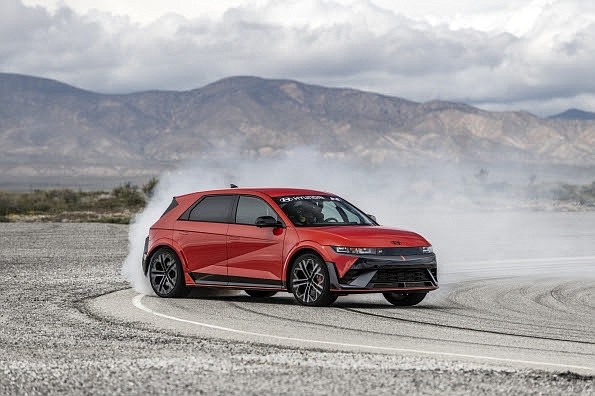 A production Hyundai IONIQ 5 N is being tested for the Pikes Peak International Hill Climb by driver Robin Shute in California City, Calif., on April 5, 2024.