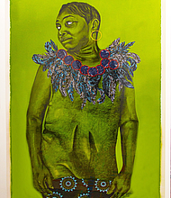 “Nicholle, A Reflection of Self” relief printing, acrylic, charcoal, printed papers, hand-stitching, 60 x 40 inches, 2024

(Image courtesy the artist and Nicole Longnecker Gallery