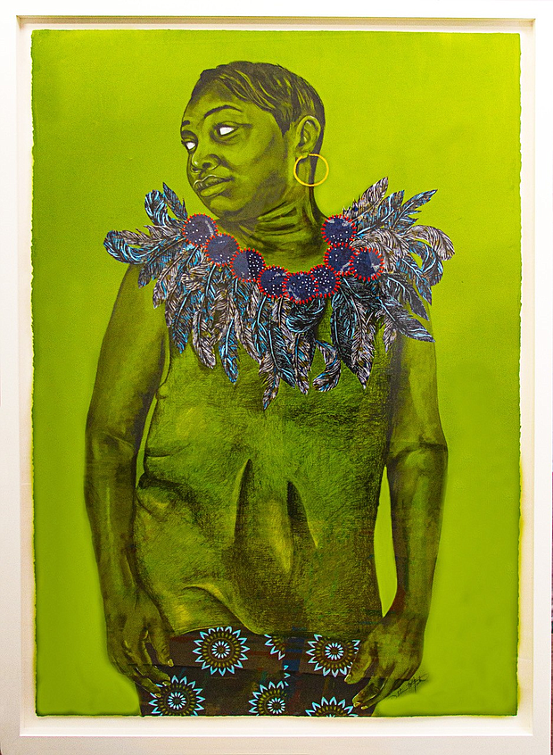 “Nicholle, A Reflection of Self” relief printing, acrylic, charcoal, printed papers, hand-stitching, 60 x 40 inches, 2024

(Image courtesy the artist and Nicole Longnecker Gallery