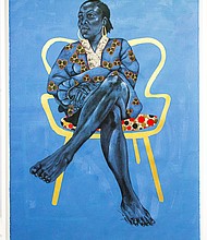 “Golden Chair” relief printing, acrylic, charcoal, printed papers, 60 x 40 inches, 2024

(Image courtesy the artist and Nicole Longnecker Gallery