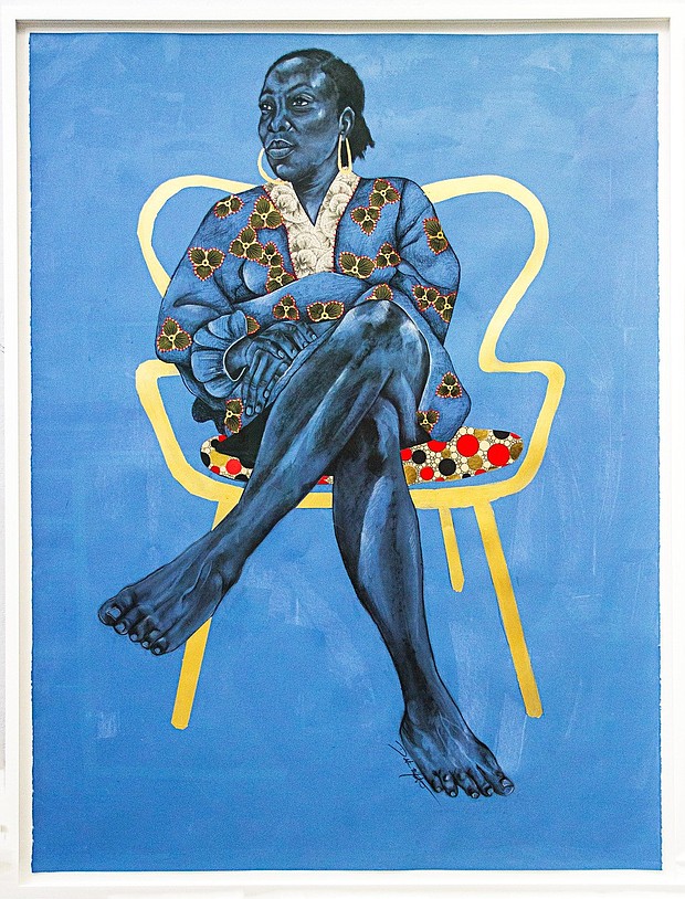 “Golden Chair” relief printing, acrylic, charcoal, printed papers, 60 x 40 inches, 2024

(Image courtesy the artist and Nicole Longnecker Gallery