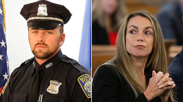 Former Boston police officer John O'Keefe, left, and Karen Read, right, who is accused of killing him.
Mandatory Credit:	Boston Police Department/AP/Getty Images via CNN Newsource