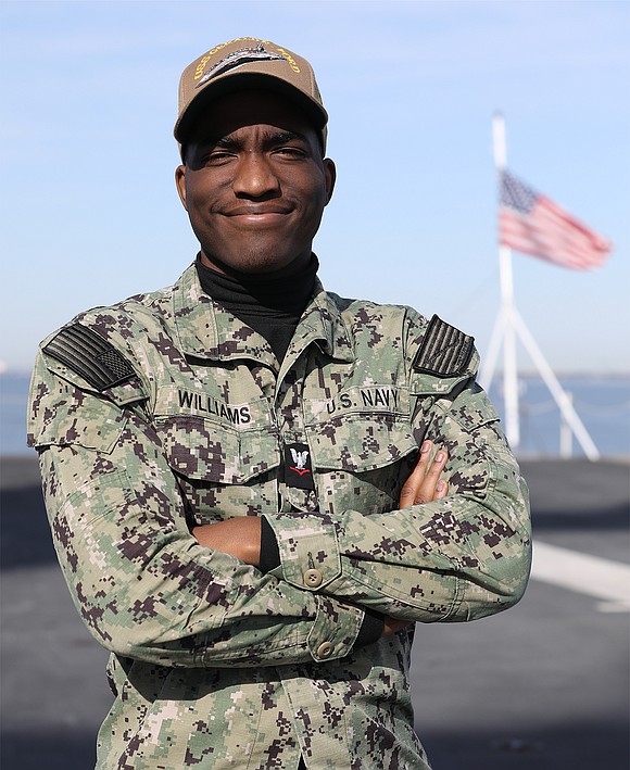 Petty Officer 3rd Class Jacobe Williams, a native of Houston, Texas, serves aboard USS Gerald R. Ford, homeported in Norfolk, …