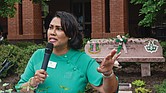 Dr. Colita Fairfax, Alpha Kappa Alpha Mid-Atlantic Archivist and Archives Committee chairperson, speaks during the 50th Chartering Anniversary at VCU on April 20.
