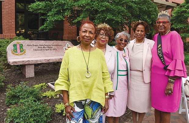 Charter members of the Alpha Kappa Alpha Sorority chapter at VCU, included Gloria Reeves Spratley, Ruth Thompson Hill, Betty Waller Gray, Forrestiner Adams Dickerson and Valerie Warner (left to right).