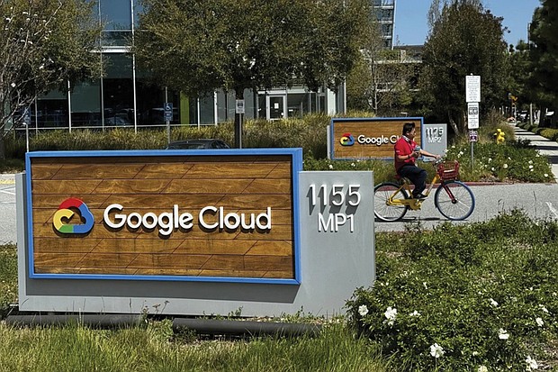 A cyclist rides past the sign outside Google offices in Sunnyvale, Calif., last Thursday.
Google has fired 28 employees who were involved in protests over the tech company’s
cloud computing contract with the Israeli government.