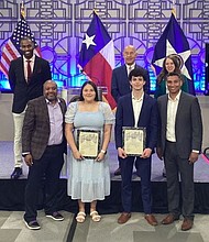Front Row: Next Generation Volunteer Award recipients Yuliana Perales and Michael Hammad hold their awards, flanked by DON staff Paul Green (L) and Roman Aguilar (R).  Back Row L-R:  DON director Herbert Sims, Mayor John Whitmire, and Vice Mayor Pro-Tem Amy Peck.