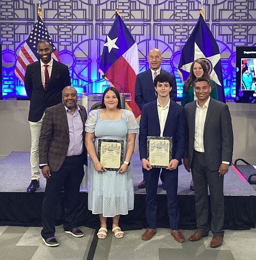 Front Row: Next Generation Volunteer Award recipients Yuliana Perales and Michael Hammad hold their awards, flanked by DON staff Paul Green (L) and Roman Aguilar (R).  Back Row L-R:  DON director Herbert Sims, Mayor John Whitmire, and Vice Mayor Pro-Tem Amy Peck.