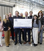 (left to right) Ciara Calub, Hyundai Motor America, Ansley Christain, Bianca Johnson, HMGMA, Mike Donahoo, senior manager, Brandon Ramirez, director, corporate social responsibility, Jason York, senior group manager, Hyundai Motor America, Trip Addison, president, Georgia Southern University Foundation, Inc., Reinhold Gerbsch, director of industrial relations, Georgia Southern University, Justine Vitug, Hyundai Motor America, Julie Gerbsch, executive director of development, Georgia Southern University at Georgia Southern University in Statesboro, Ga. on April 22, 2024. (Photo/Hyundai)