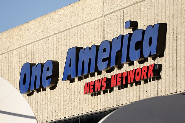 The One America News Network logo is displayed on the One America News Network headquarters on February 2, in San Diego, California.
Mandatory Credit:	Kevin Carter/Getty Images via CNN Newsource