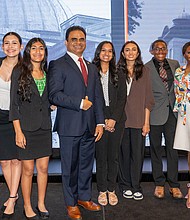 FBC Youth Leadership Pictured: (L-R): Alixandra Reed, Celeste Gutierrez, Aliza Khimani, Judge KP George, Anjana Mathew, Hana Hussain, and Chad Reed