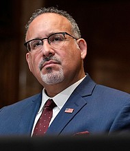 Education Secretary Miguel Cardona, here on April 30, on Friday condemned the “abhorrent” incidents of antisemitism on US college campuses.
Mandatory Credit:	Susan Walsh/AP via CNN Newsource