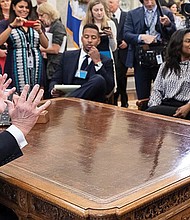 Donald Trump and rapper Kanye West meet in the White House in October 2018.