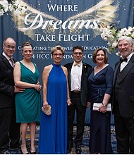 HCC Foundation Board Members Lona McManus (with Gary Wulf), Lina (& Michael) Sabouni and Tracy (& Kenneth) Janda take a walk on the red carpet before entering the ballroom for the 2024 HCC Foundation Gala: Where Dreams Take Flight on April 20th at the Hilton Americas-Houston.