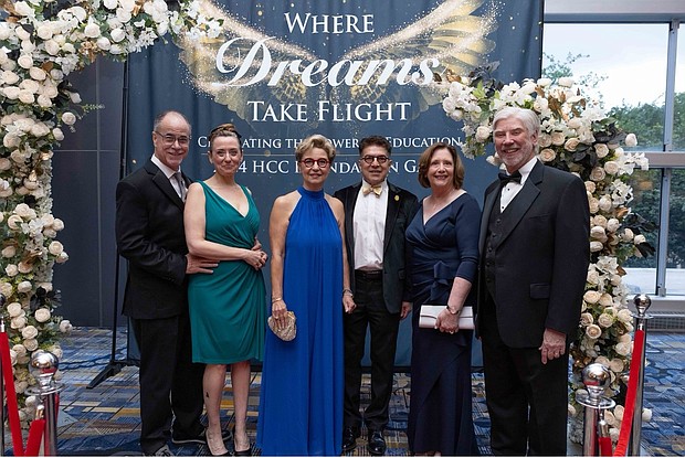 HCC Foundation Board Members Lona McManus (with Gary Wulf), Lina (& Michael) Sabouni and Tracy (& Kenneth) Janda take a walk on the red carpet before entering the ballroom for the 2024 HCC Foundation Gala: Where Dreams Take Flight on April 20th at the Hilton Americas-Houston.