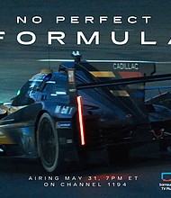“No Perfect Formula” documentary poster featuring rear ¾ view of the Cadillac V-Series.R race car on a race track.